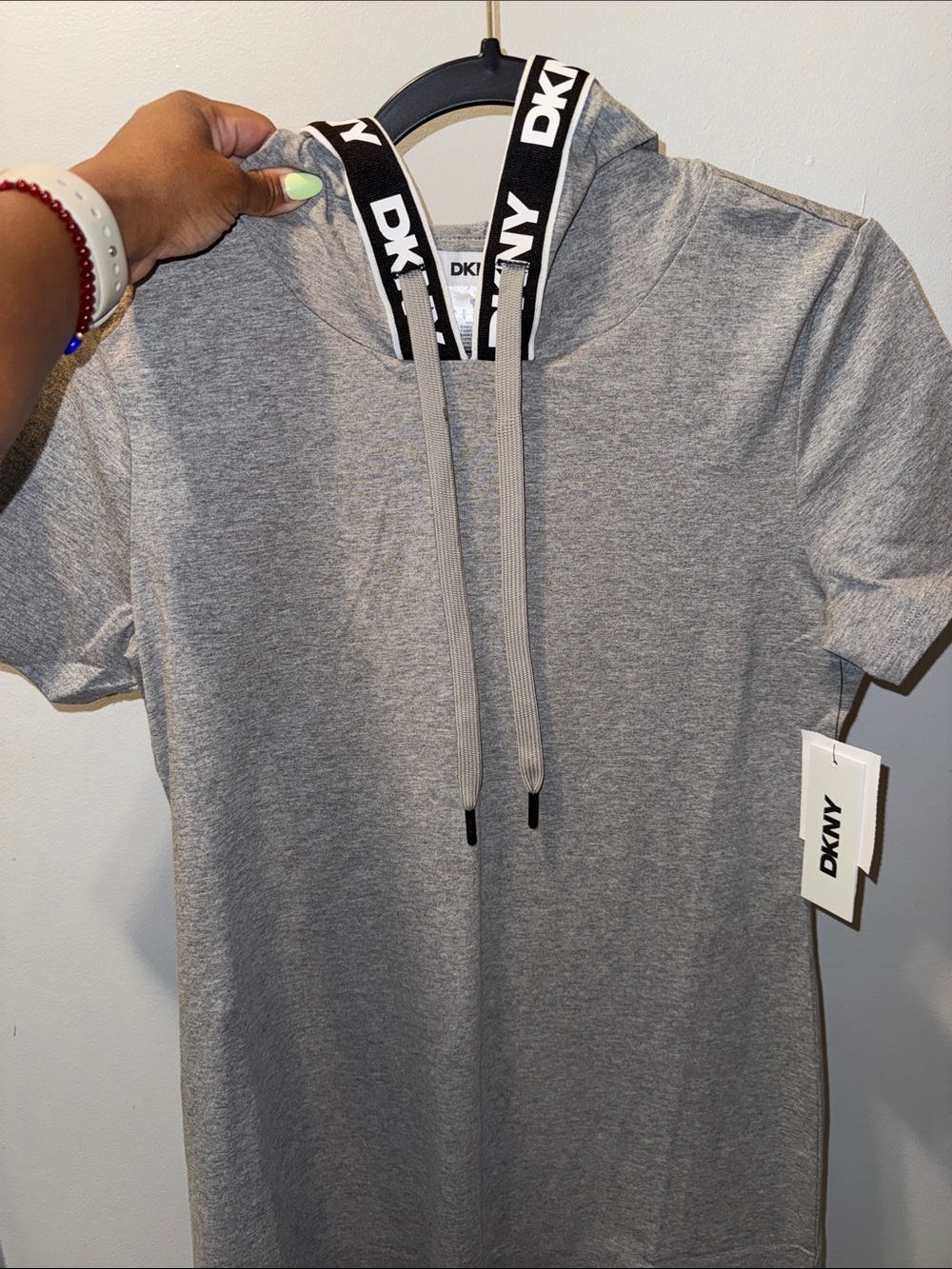 DKNY Grey Hooded Logo-Trim Tee Dress
